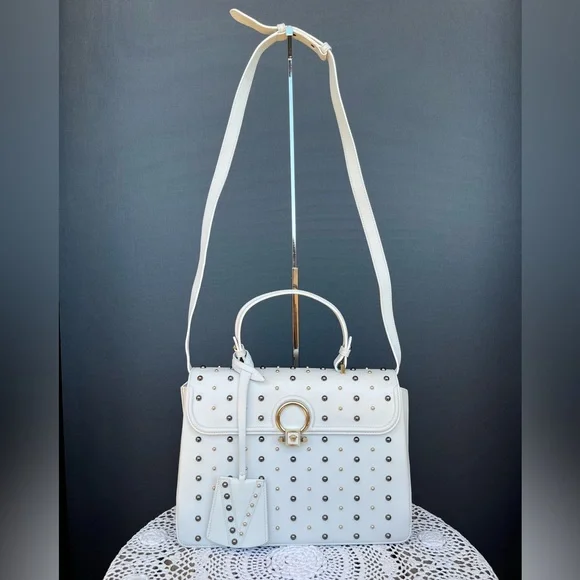 •••SOLD•••Retailed $3550 Versace Calfskin Studded DV Satchel White Bag - Picture 5 of 17